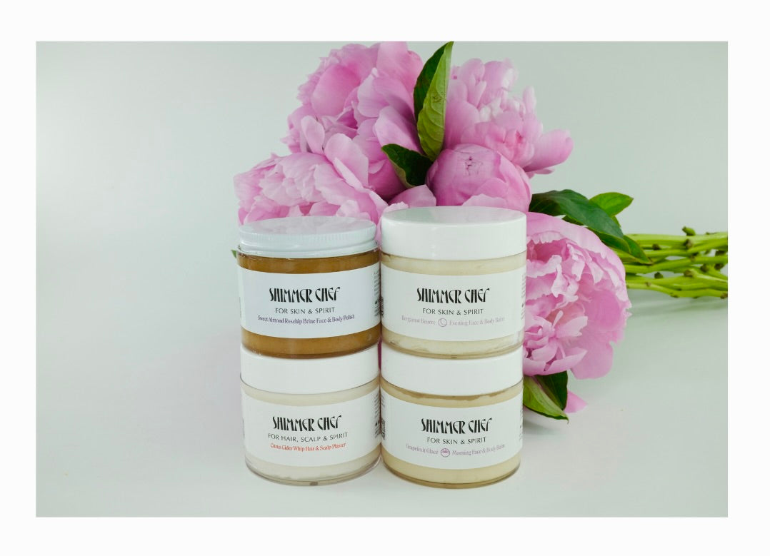 The Hair & Body Bliss Set: Sweet Almond Roeship Brine Face & Body Polish, Citrus Cider Whip Hair & Scalp Plaster, Grapefruit Glace Morning Face & Body Balm,                   Bergamot Beurre Evening Face & Body Balm
