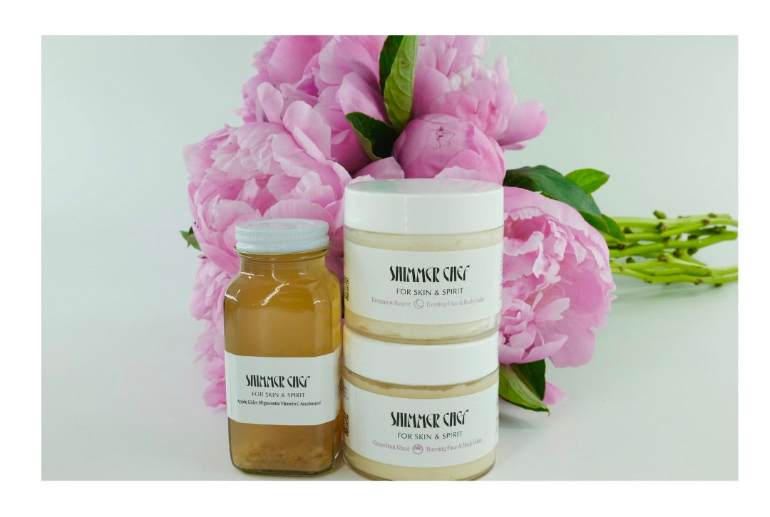 The Daily Shimmer Set: Apple Cider Mignonette Vitamin C Accelerator, Grapefruit Glace Morning Face & Body Balm,                   Bergamot Beurre Evening Face & Body Balm